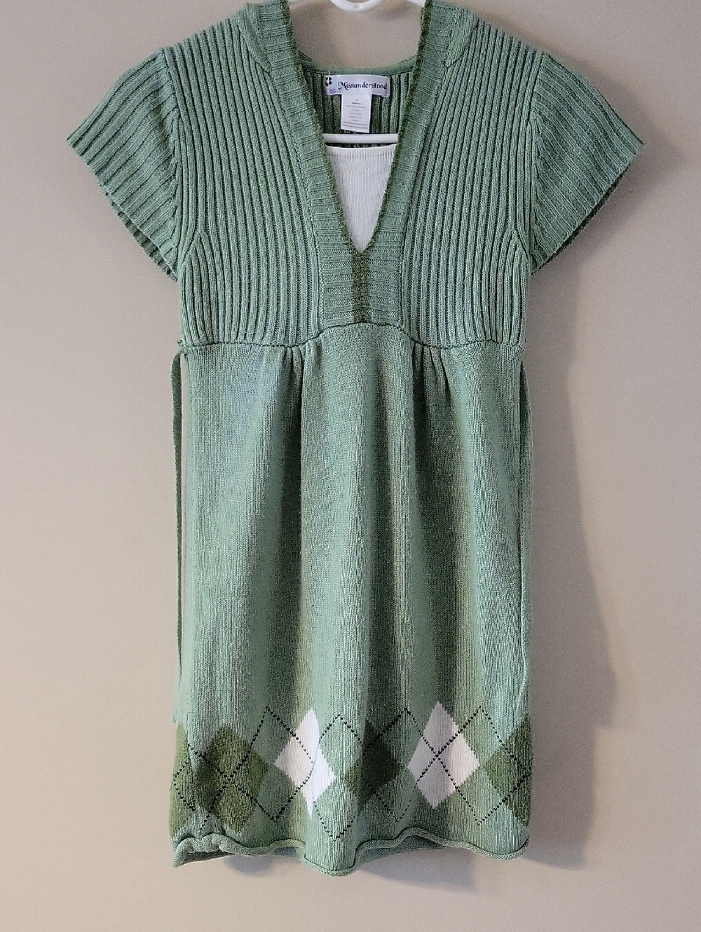 Sage Green Argyle Knit Short-Sleeve Dress